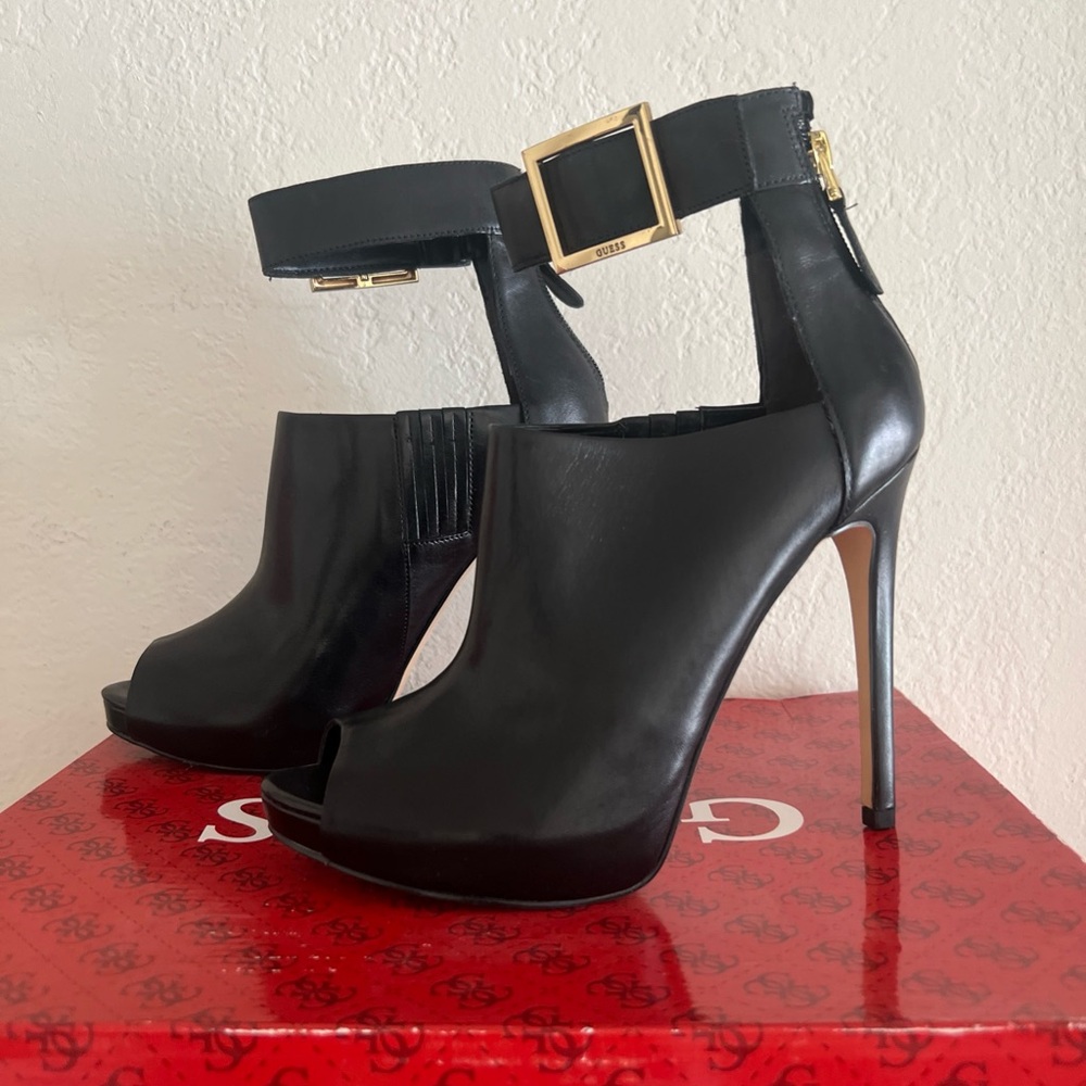 Black Leather Peep-Toe Heels